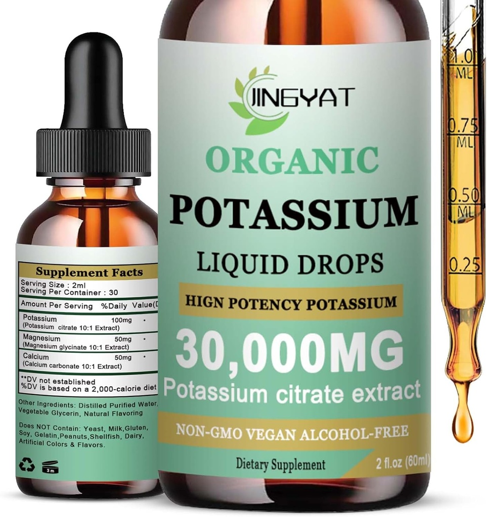 Kalium Magnesium Liquid Drops - Biologische Liquid Supplement - Hoge Absorptie Kalium Citroen 1000mg Magnesium Glycinate 500mg Calcium voor Hart, Leg Kraampen en Spier - Non-GMO, Veganist, 2 oz