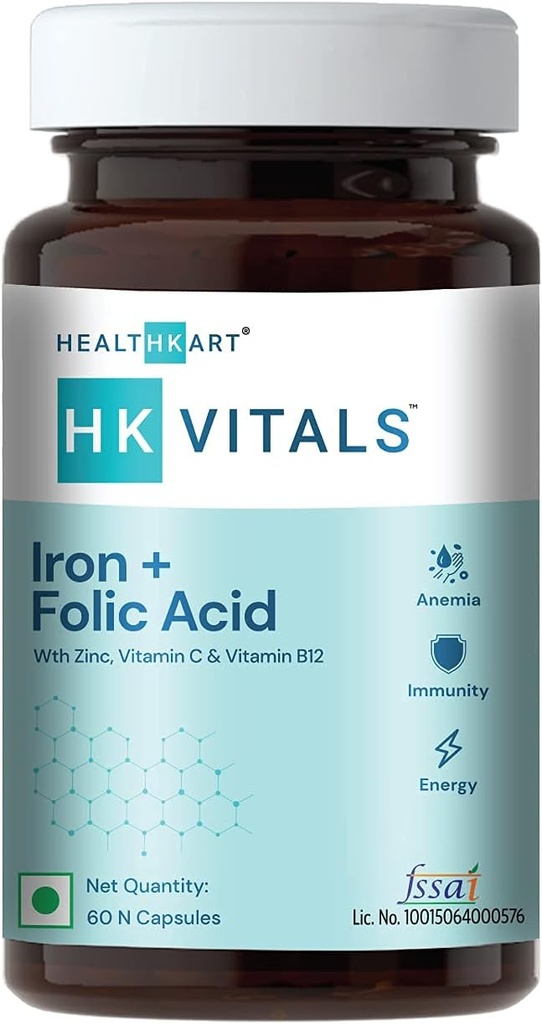 IJzer + foliumzuursupplement, met zink, vitamine C & vitamine B12, ondersteunt bloedvorming, immuniteit en energie, 60 ijzer-foliumzuurtabletten