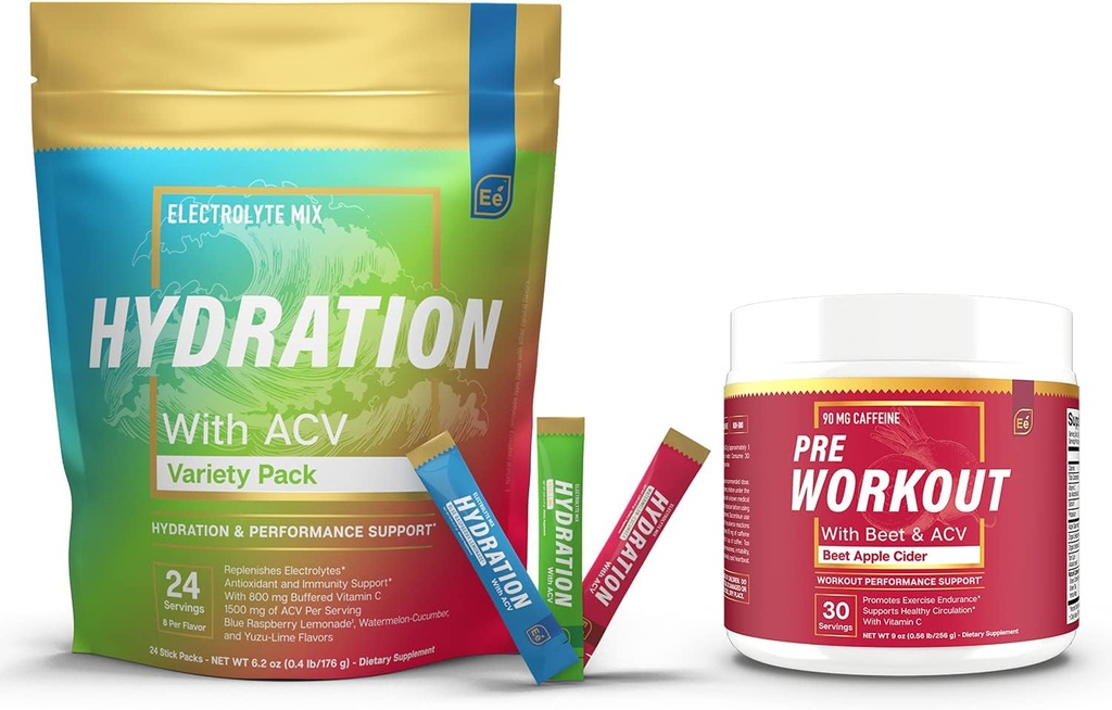 Suikervrije Hydration Powder Packets Variëteit - 24 Stick Packs & PreWorkout Powder met ACV 