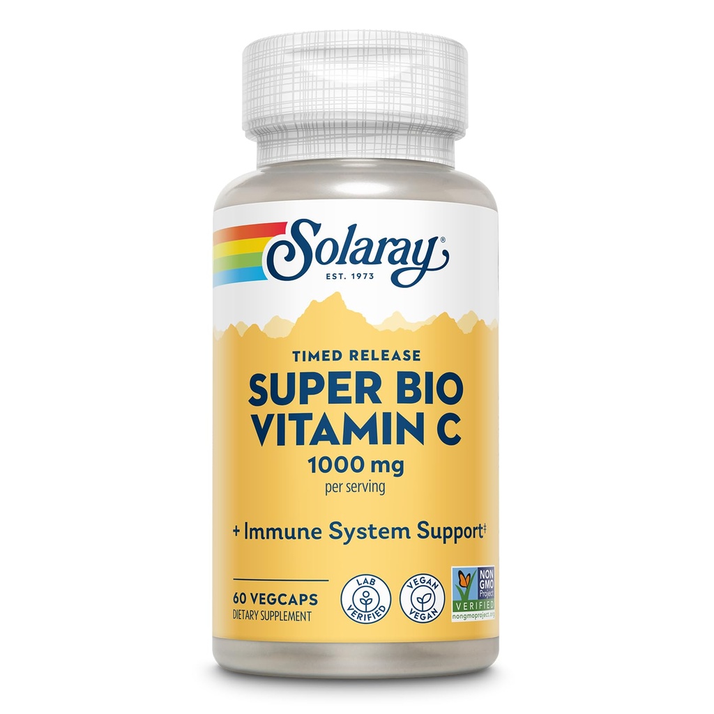 SOLARAY Super Bio Buffered Vitamine C 1000mg, Two-Stage, Getimed Release Vitamine C met Bioflavonoïden, Immune Support Supplement - Hoge Absorptie, Vegan, 60 dagen garantie, 30 porties, 60 VegCaps