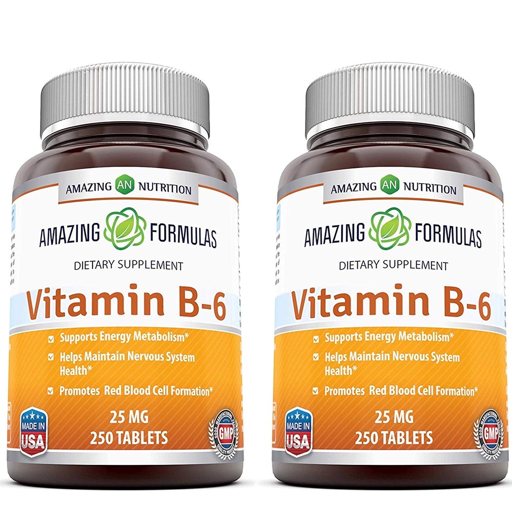Formules étonnantes Vitamine B6 Pyridoxine 25mg 250 Comprimés Suppléments de non-OGM (sans gluten) Fabriqués aux États-Unis (2 Pack)