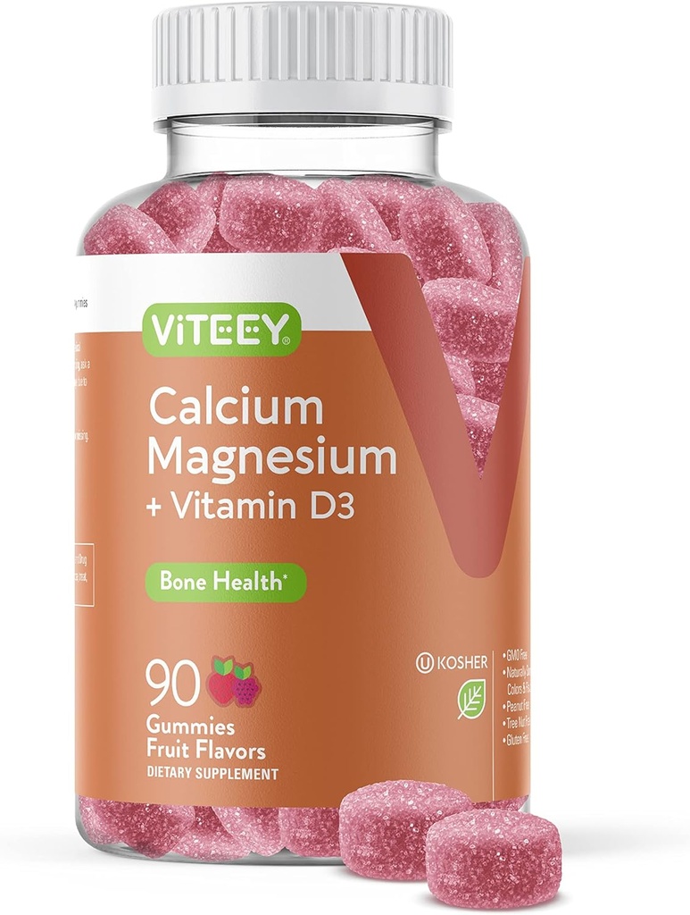Viteey Calcium Gummies with Vitamin D3 and Magnesium Supplement for Bone Health - Chewable Calcium Supplements for Women & Men - Gluten-Free, Non-GMO - 90 Count