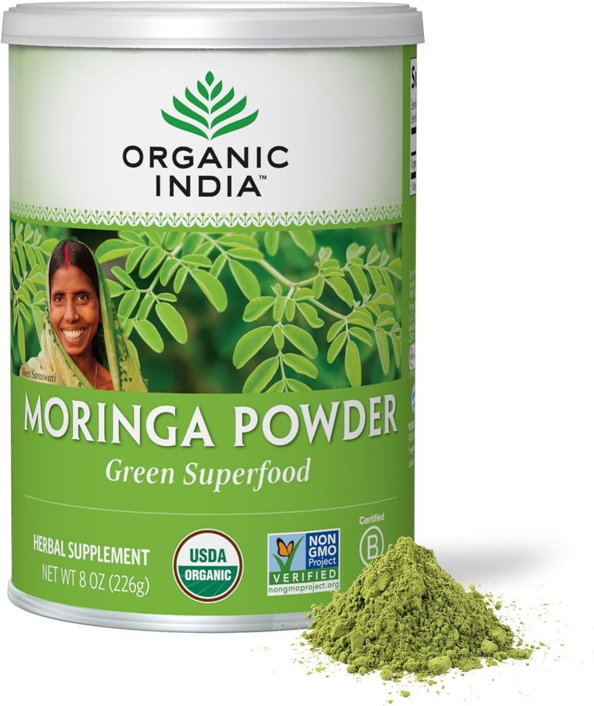 ORGANISCHE INDIA Moringa Powder - Moringa Oleifera Leaf Herbal Supplement, Green Superfood, Nutrient Dense, Pure Plant Protein, Vitamine A, E, K, Iron, Calcium, Fiber, Vegan, USDA Certified Organic - 8 oz