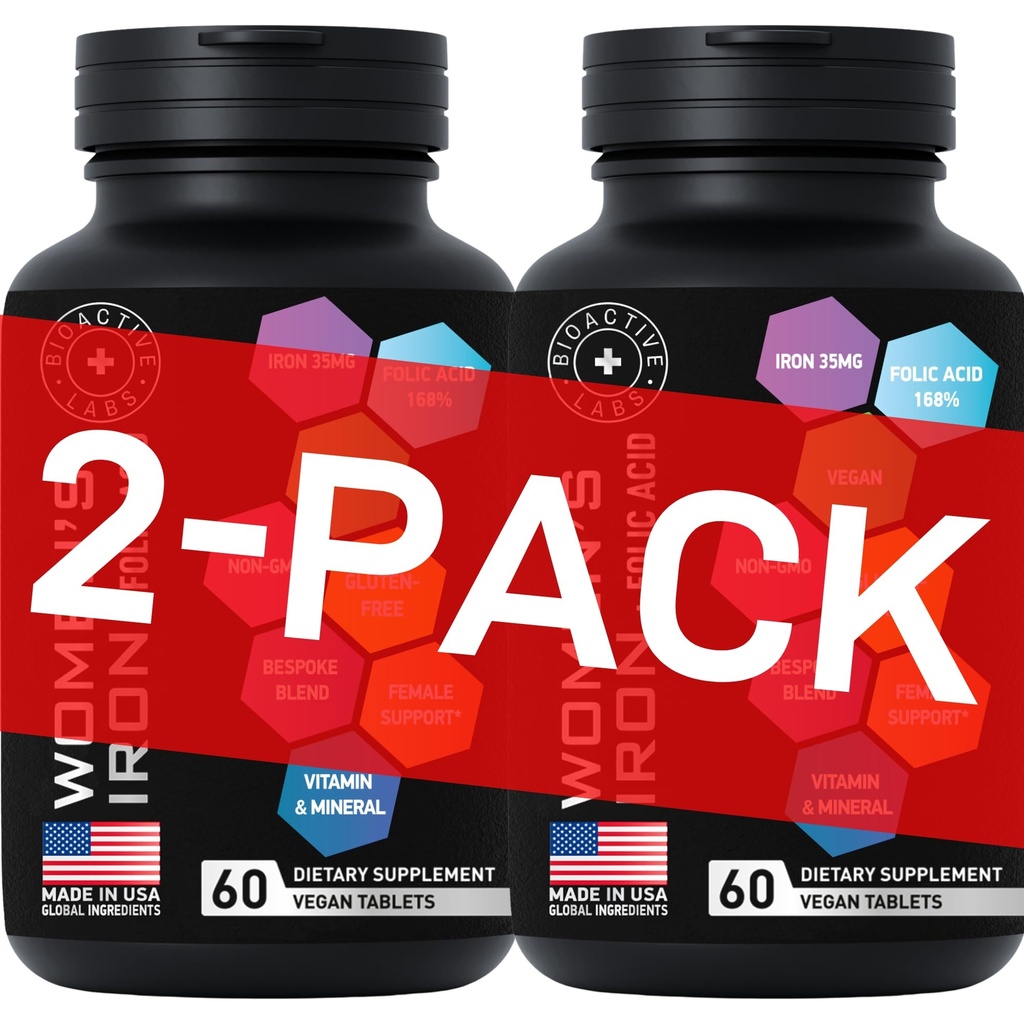 Veganistisch ijzer Supplementen voor vrouwen met foliumzuur - 168% Folaat Foliumzuur, 194% Ferrous Sulfate Blood Builder met anemie en zwangere vrouwen - 2-pack, 120 Glutenvrije zacht ijzer tabletten