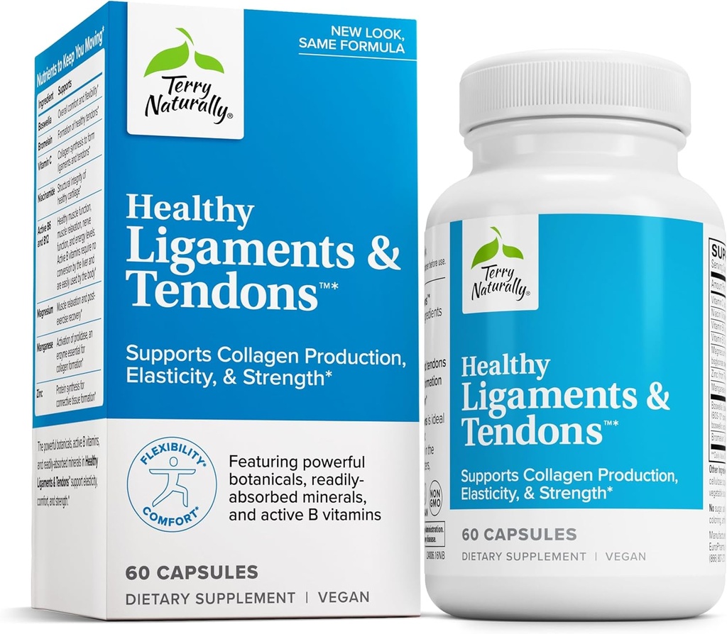 Terry Naturally Healthy Ligaments & Tendons - Supplément alimentaire pour le soutien des tissus conjonctifs et de la lubrification articulaire - Formule non-OGM pour aider le ligament et la santé musculaire - 60 capsules