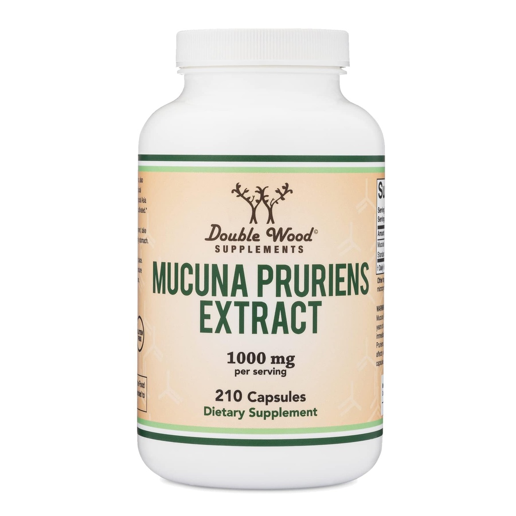 Mucuna Pruriens Extrait Capsules - Supplément de stimulation de la dopamine - 210 Compte, 1 000 mg par portion, 20 % (du haricot Velvet) (pour le soutien de l'humeur et de la motivation) Tiers testés par le double bois