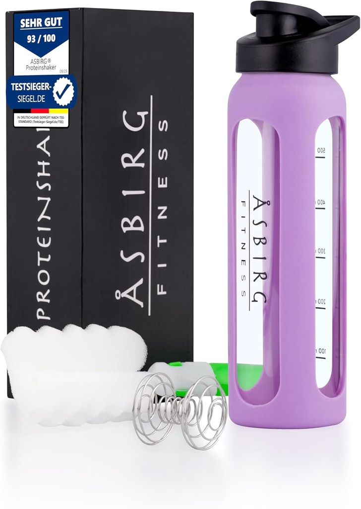 Bouteille de shaker pour protéines en verre 24 oz – sans BPA, sans couvercle étanche, en acier inoxydable mélangeur de boule et manches en silicone – Gym Shaker pour smoothies, shakes et pré-entraînement – pastel violet