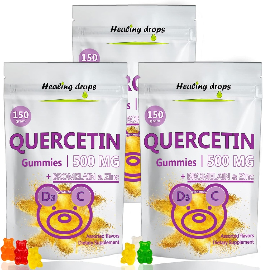 Quercetine met Bromelaine Gummies - Vitamine C + Zink + Vitamine D3 - Quercetine 500mg Gummies voor kinderen en volwassenen (3 verpakkingen)