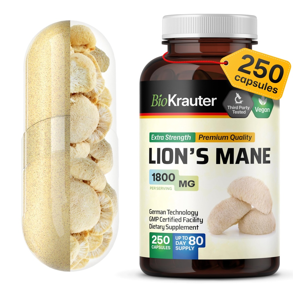 BIO KRAUTER Lions La Mane Supplément Capsules 1800 mg - 250 Compte - Vegan Lions La Mane Supplément en poudre pour le soutien du cerveau - 3 mois d'approvisionnement - Pas de remplissage