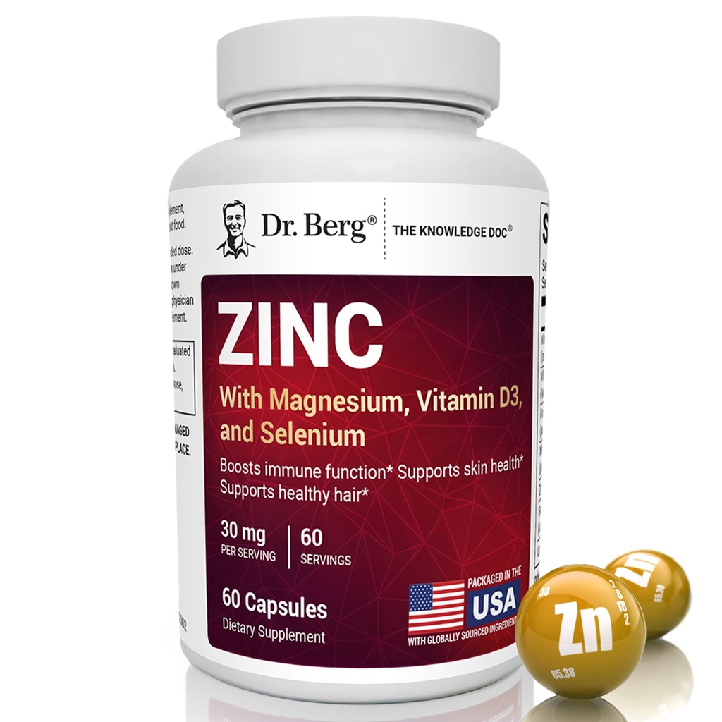 Dr. Berg Zink 30mg Verbeterd met Magnesium, Vitamine D3, Selenium, & koper - Zinksupplementen voor mannen & vrouwen - Gecheld Zink voor Immune, Huid, Haar, & Nails Ondersteuning* - 60 Capsules