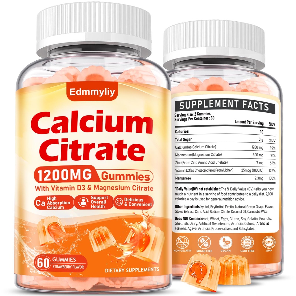 Calcium citraat supplement Gummies for Adult - Sugar Free Calcium citraat 1200 Mg met Magnesium 300 Mg & Vitamine D3 - Organic Kauwbare Calcium Supplements for Women & Men