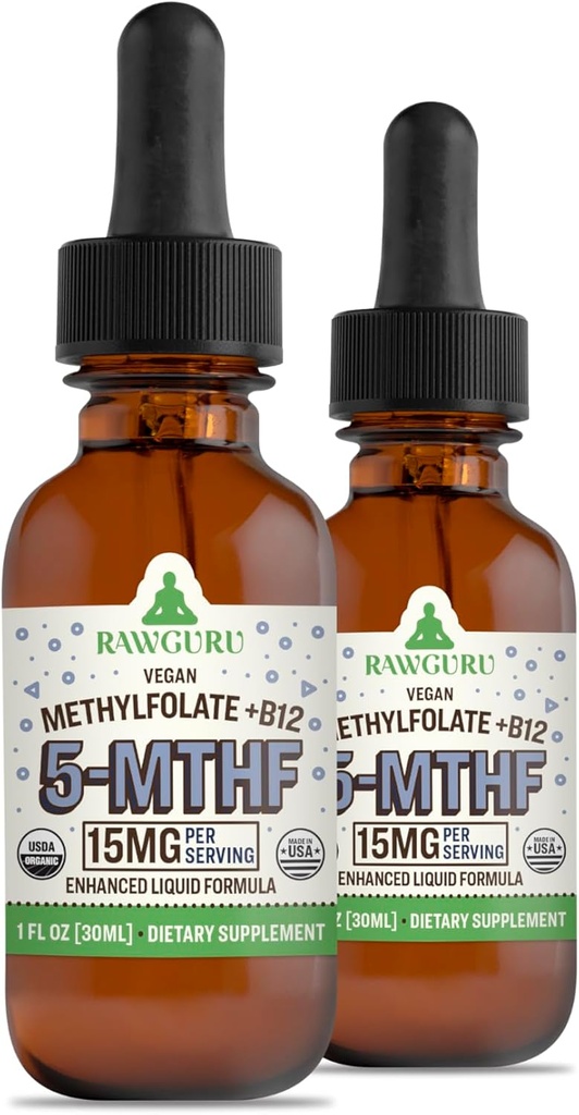 RawGuru L-Methylfolaat 15 mg + Vitamine B12 - Biologische Vegan Gemethyleerd B12 met sporenmineralen - Nano-Processed & Enhanced Liquid Formula - 300 Servings Vegan Drops per 30 ml, Pack of 2