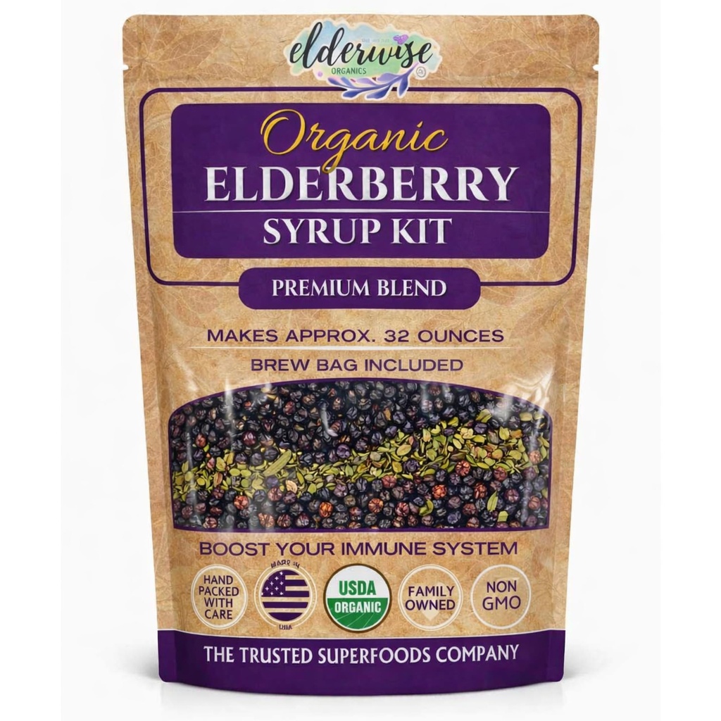 Ouderwise Biologische Vlierbes Siroop Kit - gemakkelijk te gebruiken, DIY Vlierbes Siroop maken Kit met Vlierbessen , Rosehips, Gember, Echinacea, Kaneel, en Kruidnagels, maakt 32oz van Siroop, Brewing Bag Inbegrepen