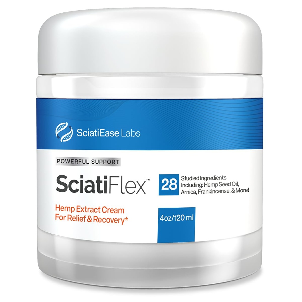 SciatiFlex Topical Sciatic Cream - Maximale sterkte voor zenuwproblemen in de onderrug, heupen, billen, benen en voeten - Hemp Cream met Arnica Extract, Shea Butter, Aloë Vera - 4oz