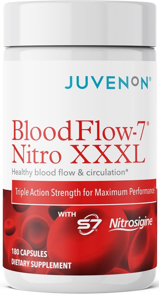 Juvenon BloodFlow-7 Nitric Oxide Supplement met Nitrosigine - Verbeterde formule voor maximale absorptie - Circulatie Booster, Bloeddruk, Cholesterol Ondersteuning (180 Telling (pakket van 1))