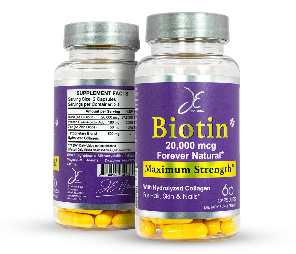 JE Biotine Naturelle Peau et ongles Vitamines, Vitamine C, Biotine et Collagène Suppléments qui rendent les cheveux grossissent plus rapidement et plus longtemps, pour tous les âges, 60 Capsules de Biotine 20000mcg Force maximale.