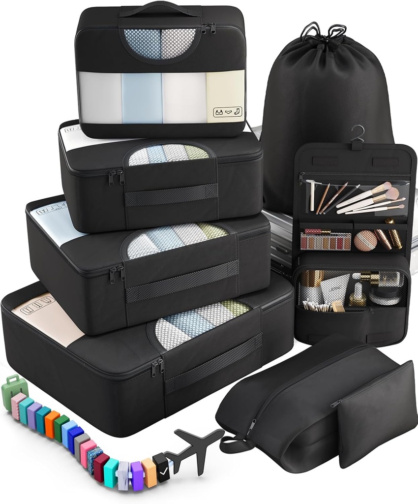 Veken 10 Set/8 Set Packing Cubes for Travel Essentials, Suitcase Organizer Bags in 4 Maten, Carry-On Bagage Accessoires met Grote Wasserij & Toilet Bag, Must-Have voor vliegtuig, Road Trip & Camping
