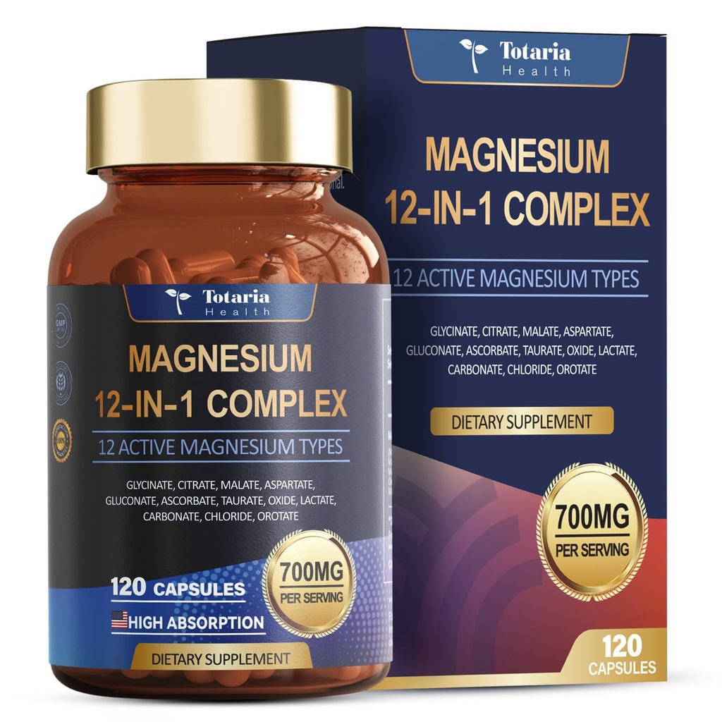 Totaria Magnesium Complex 700mg 12 in 1 Magnesium Supplement met Glycinate Citrate Malate Oxide Taurate Aspartate Orotate Magnesium Ontspanning, Muscle, Heart Support, Vegan 120 Capsules