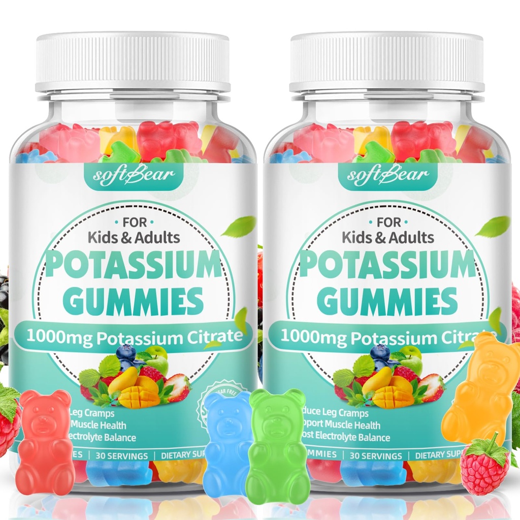 softbear Kalium citraat Gummies, High Potency Kalium citraat 1000mg Ondersteunt Been Kramen & Muscle Health Kalium Gummies voor Volwassenen & Kids Gemengde Fruit smaak 120 Tellen