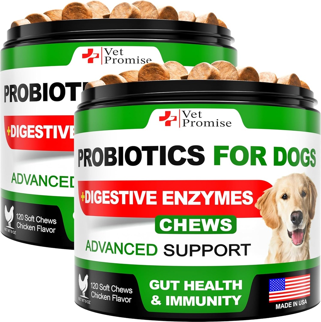 (2 Pack) Probiotica voor honden - Hondenprobiotica en spijsverteringsenzymen voor Gut Health, Itchy Skin, Allergieën, Immuniteit, Gistbalans - Prebiotica - Reduce Diarree, Gas - 240 Probiotische Kauwen voor honden