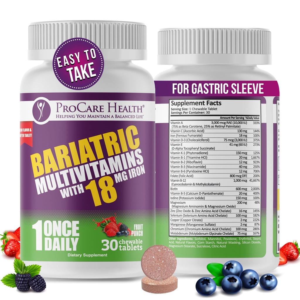 ProCare Health Bariatric Chewable Multivitamine avec Fer 18mg (30 comprimés) - Fruit Flacon Flacon Bariatric Multivitamine Chewable pour les patients gastriques Bypass & Gastrectomie Manche* (1 mois d'approvisionnement)