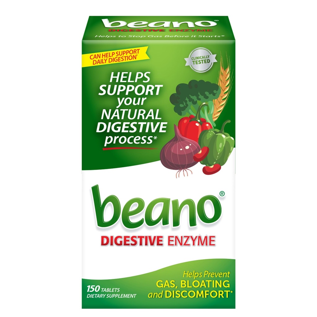 Beano Digestieve Enzyme, Preventieve Gas Relief voor Volwassenen, Helpt tegen Gas & Bloating, 150 Tablets