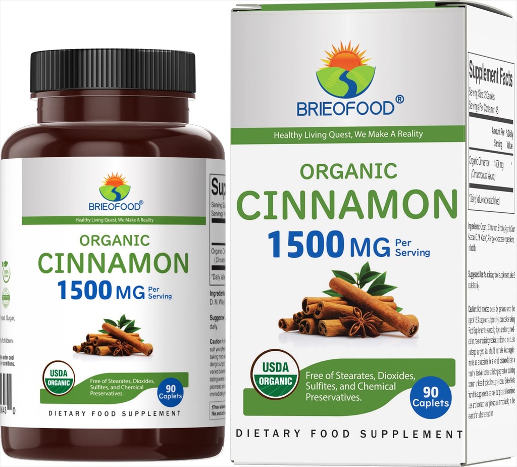 Brieofood Biologische kaneel 1500mg, 45 porties, vegetarisch, glutenvrij, 90 vegetarisch tabletten