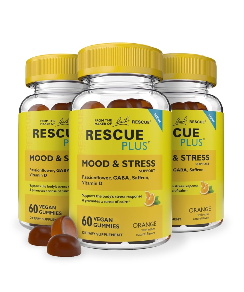 RESCUE Bach Plus Mood & Stress Support Gummies, Daytime Dietary Supplement with Passionflower, GABA, Saffron & Vitamin D, Natural Orange Flavor, Vegan & Gluten-Free, 3 Pack, 180 Count Total