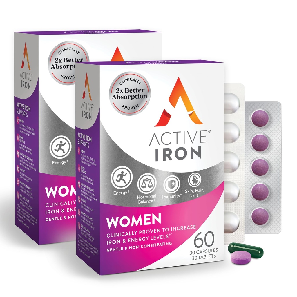 Supplément actif en fer 25mg + Multivitamine pour les femmes – Prouvé cliniquement pour augmenter l'énergie et réduire la fatigue – Fer doux, non constipant + femmes Multivitamine – 60 capsules + 60 comprimés