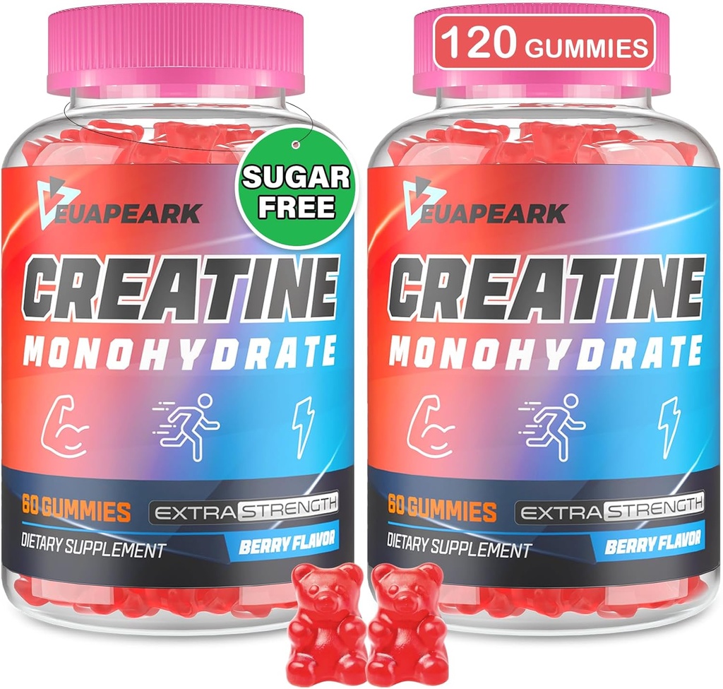 Monohydrate de créatine Gummies, Supplément pré-entraînement pour les femmes et les hommes, Monohydrate de créatine avec Taurine et B6 - pour les muscles, la force, l'endurance et l'énergie, Vegan (Berry, 120 Gummies)