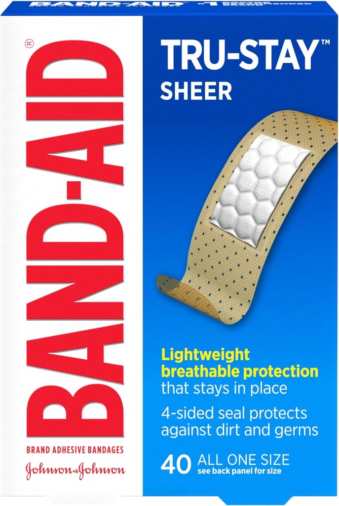 Band-Aid merk Tru-Stay Sheer Strips Kleefstof Steriele Bandages voor EHBO & Wound Protection, individueel verpakte Wound Care Bandages voor kleine sneetjes & Scrapes, All One Size, 40 ct