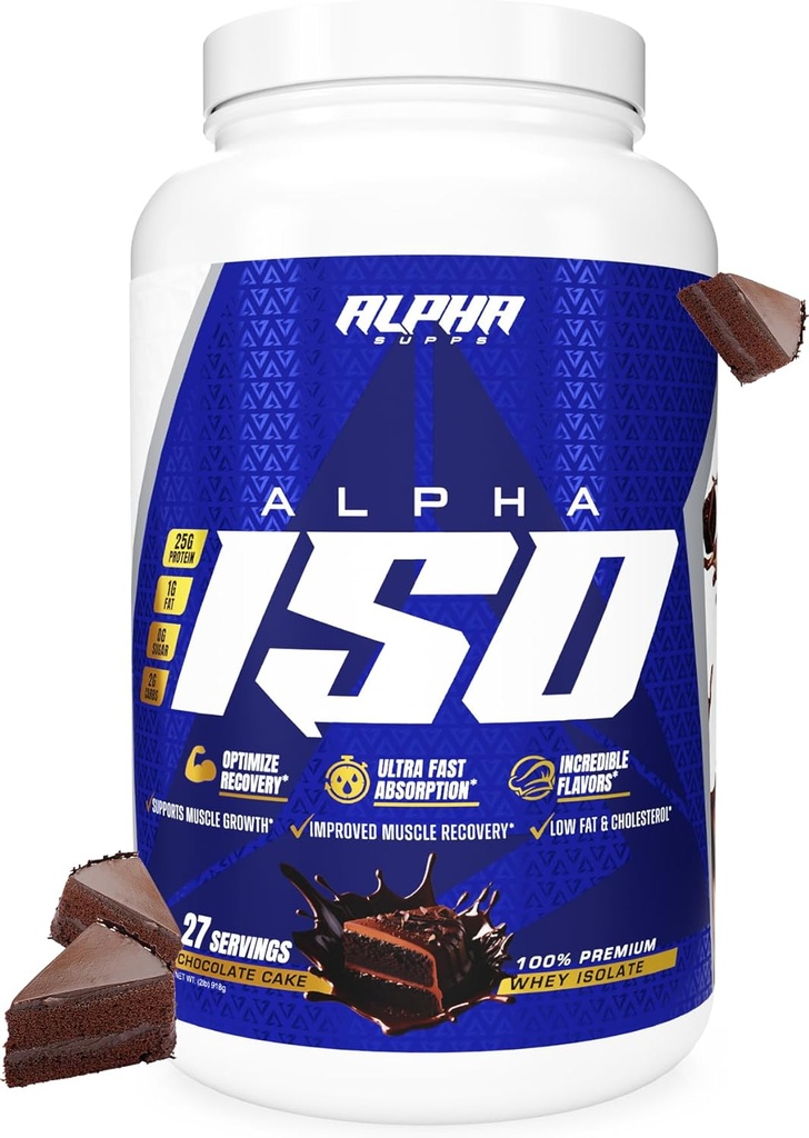 Alpha Supps ISO, Low Carb 100% Whey Protein Isolate Powder, 25 Grams Per Serving, Helps Support Muscle Growth, Low Sugar and Gluten Free (Chocolate Cake, 2 lb)