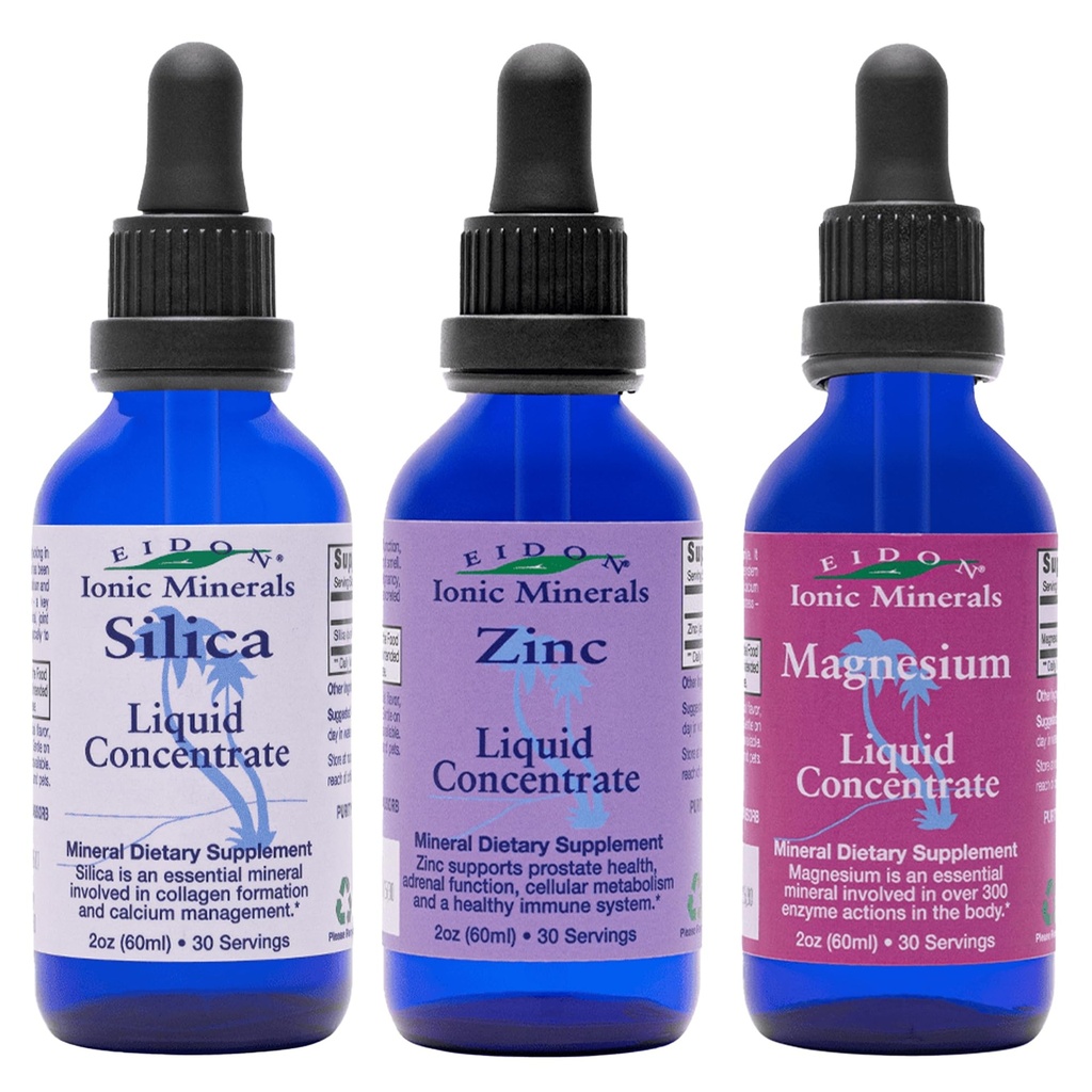 Eidon Ionic Minerals Liquid Silica, Zink, & Magnesium Drops Variety Pack - Silica, Zink, & Magnesium Supplementen, All-Natural Trace Minerals, No Conservatives or Additives - 2 oz, Pack of 3