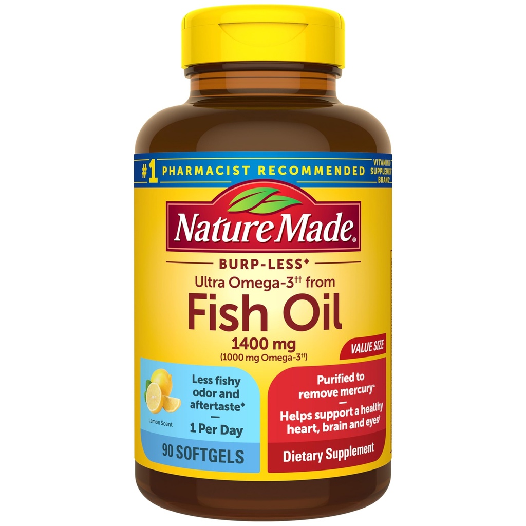 Nature Made Burp Minder Ultra Omega 3 Visolie Supplementen, 1400mg Visolie Omega 3 Supplementen als Ethyl Esters voor gezonde harthersenogen Ondersteuning, Een per dag, 90 Softgels