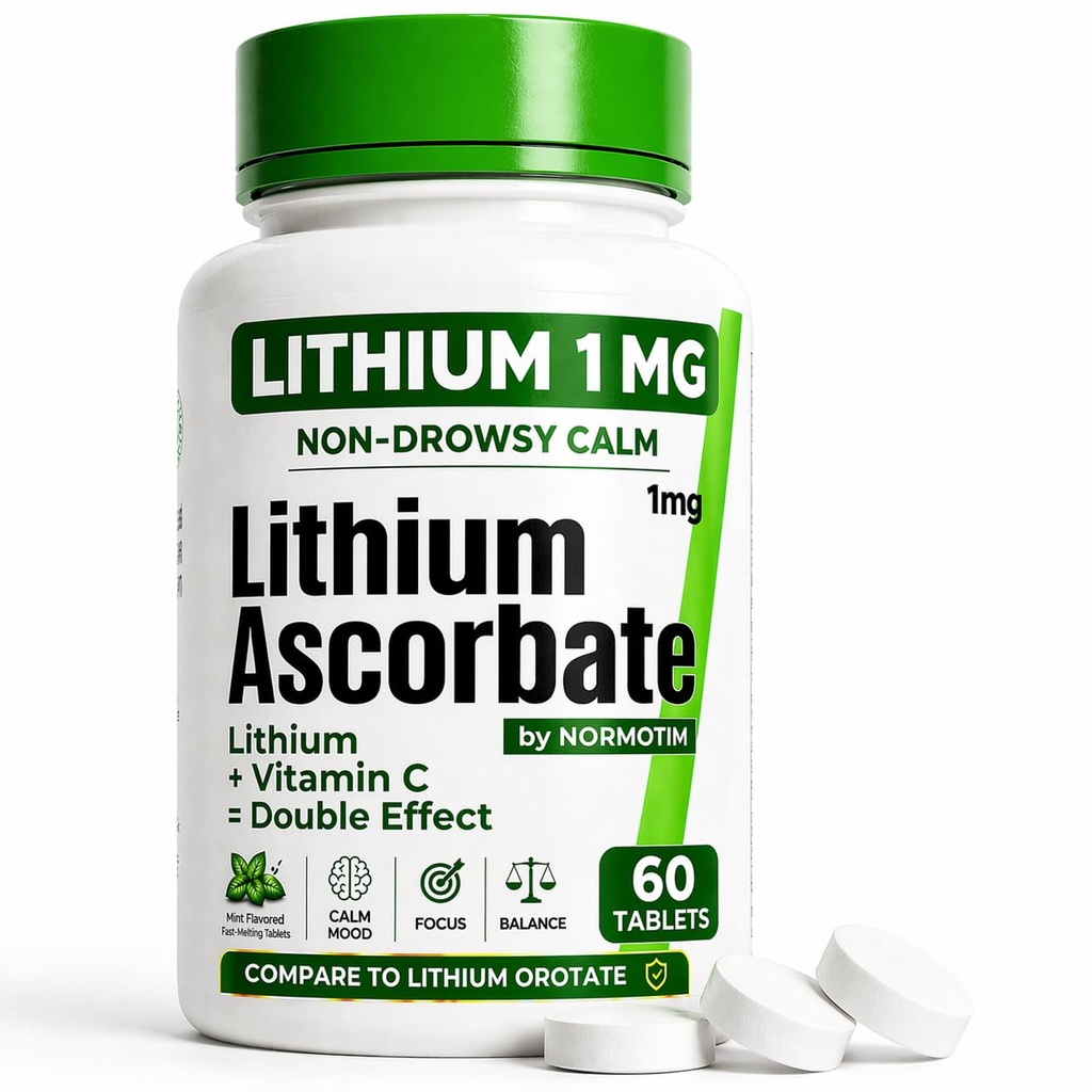 Ascorbate de lithium 1mg – Alternative sûre à l'orotate de lithium – Supplément de lithium à microdose pour l'humeur, la concentration et le calme – Soutien de la vitamine C – 60 comprimés – Fabriqués aux États-Unis