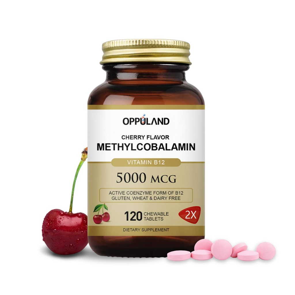 Methyl B-12 5000mcg Kauwbaar met Folate - Vitamine B12 Methylcobalamine Sublingual Tablets - Ondersteunt energie en hersenfunctie - Veganistisch supplement - Cherry Flavor - 120 Tel.