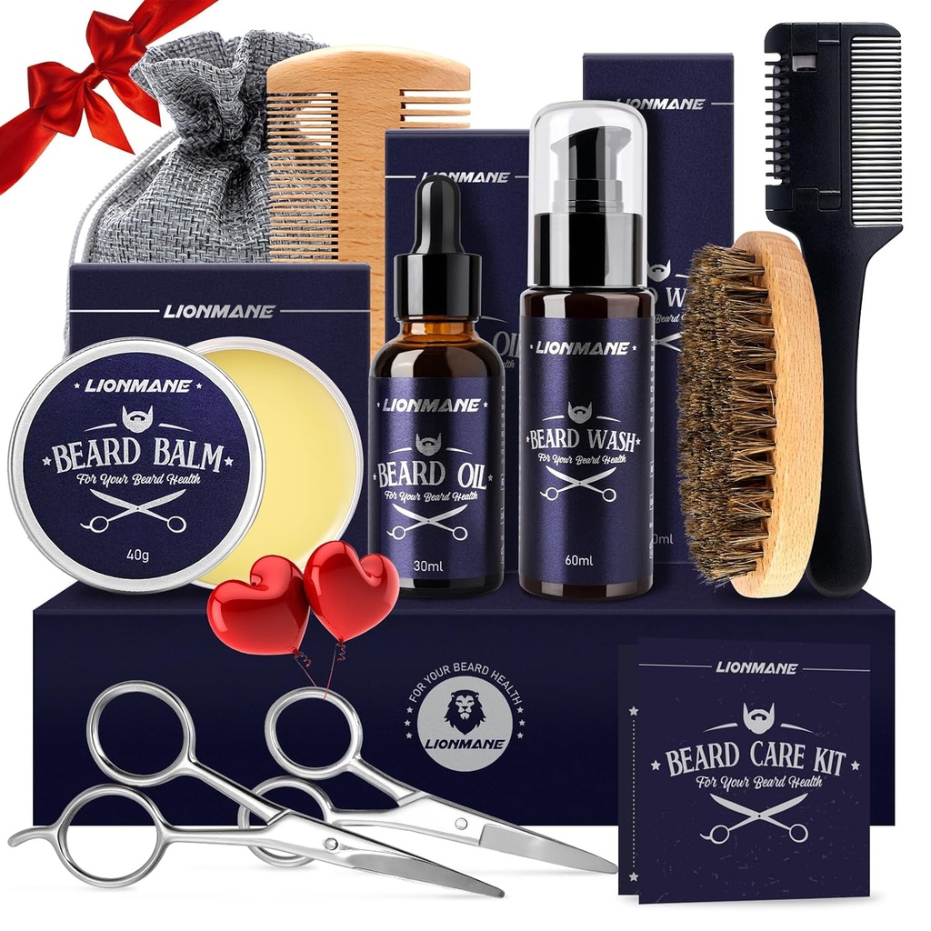 Lionmane Beard Care Kerstcadeautjes Kit voor mannen, Baard snor Grooming Kit-Baard Balm, Baardwash, Baardolie, Borstel, Schaar, Verjaardag Thanksgiving Cadeaus voor echtgenoot/Boyfriend/Dad/Him