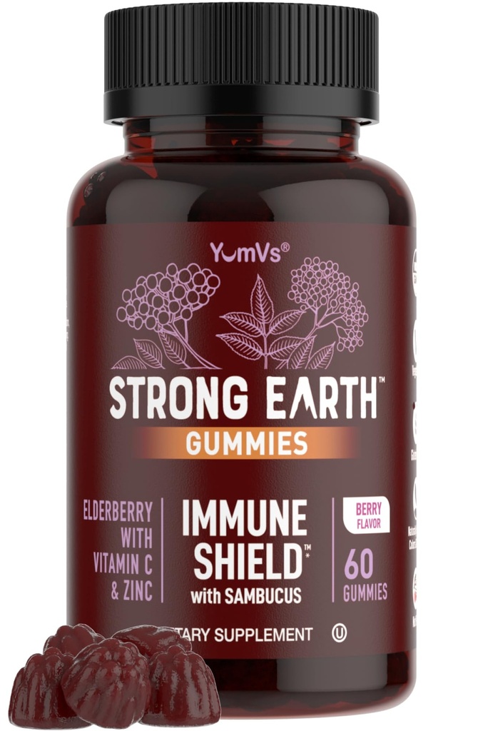 Gommies d'anciennes baies de terre fortes – Sambucus Elderberry Immune Support avec vitamine C et zinc – Gommies d'anciennes baies noires, saveur de baie, non-OGM, sans gluten, casher – 60 comte