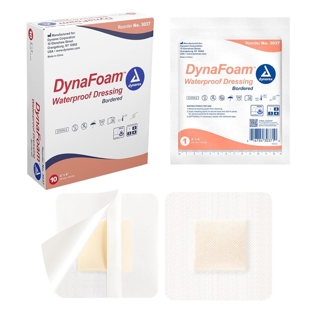 Dynarex Dynafoam Waterproof Borded Adhesive Mousse Wound Dressing Bandage, 4" x 4", 10 Compte