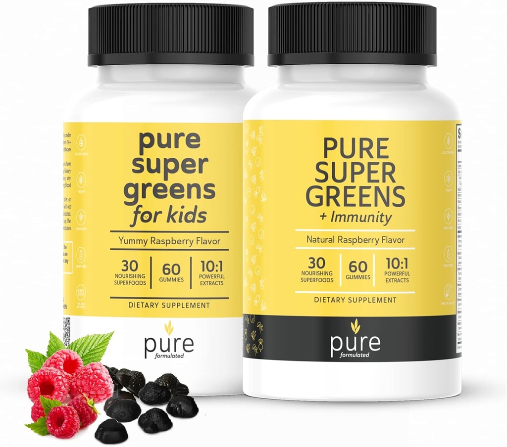 Super Greens Multivitamine Gummies pour les enfants et les adultes - Soutien immunitaire et suppléments digestifs - Vitamine A, B, C, E, K - Végétaux à croquer avec 30 superaliments (2 bouteilles, 60 comtes chacun)