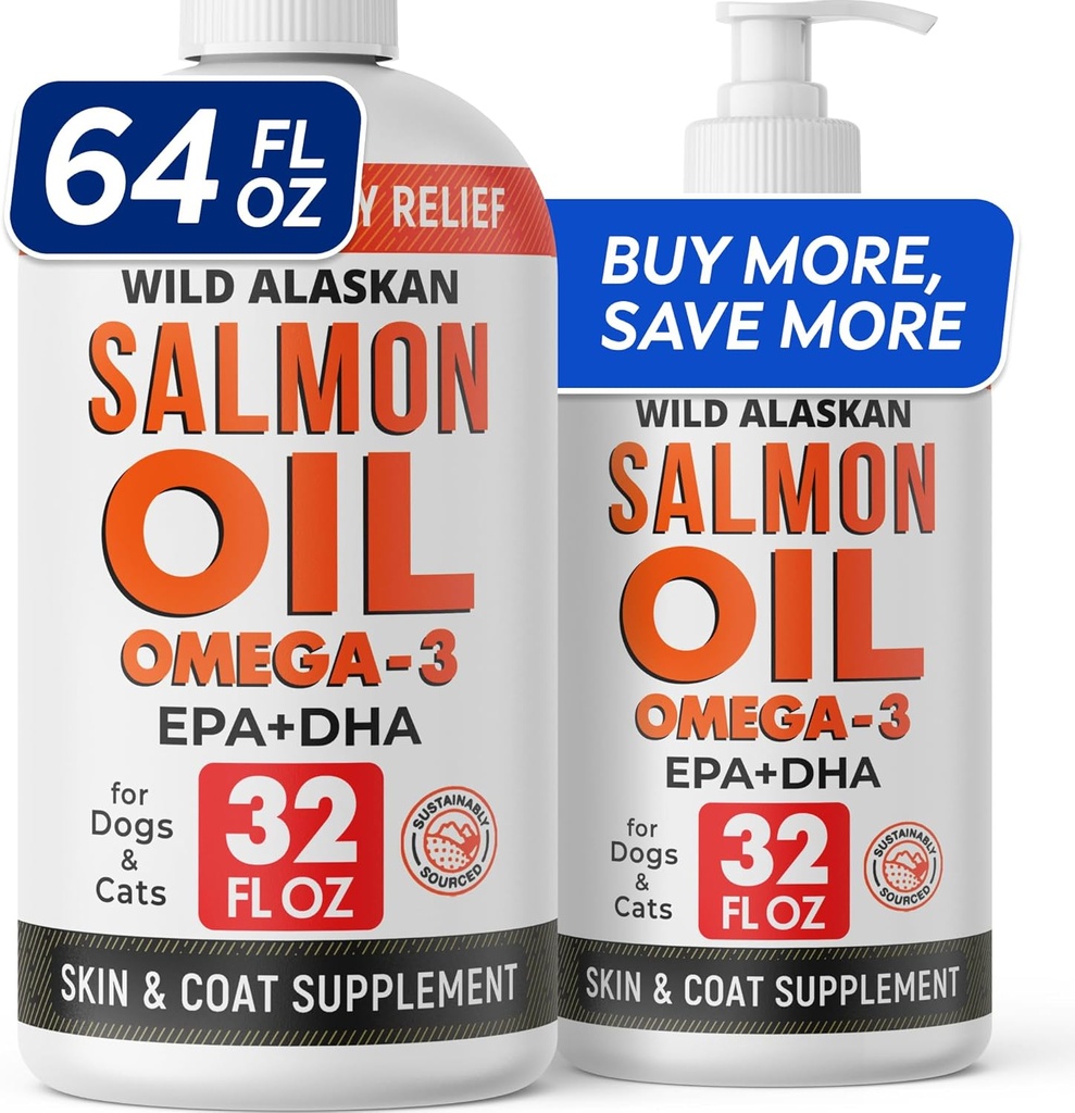 StrellaLab 64 OZ Salmon Oil for Dogs - Omega 3 for Dogs & Cats, Itch & Allergy Relief, Wild Alaska Salmon Oil Dogs Skin & Coat, Dog Fish Oil Liquid, Shedding Supplement EPA & DHA Fatty Acids - 2Packs