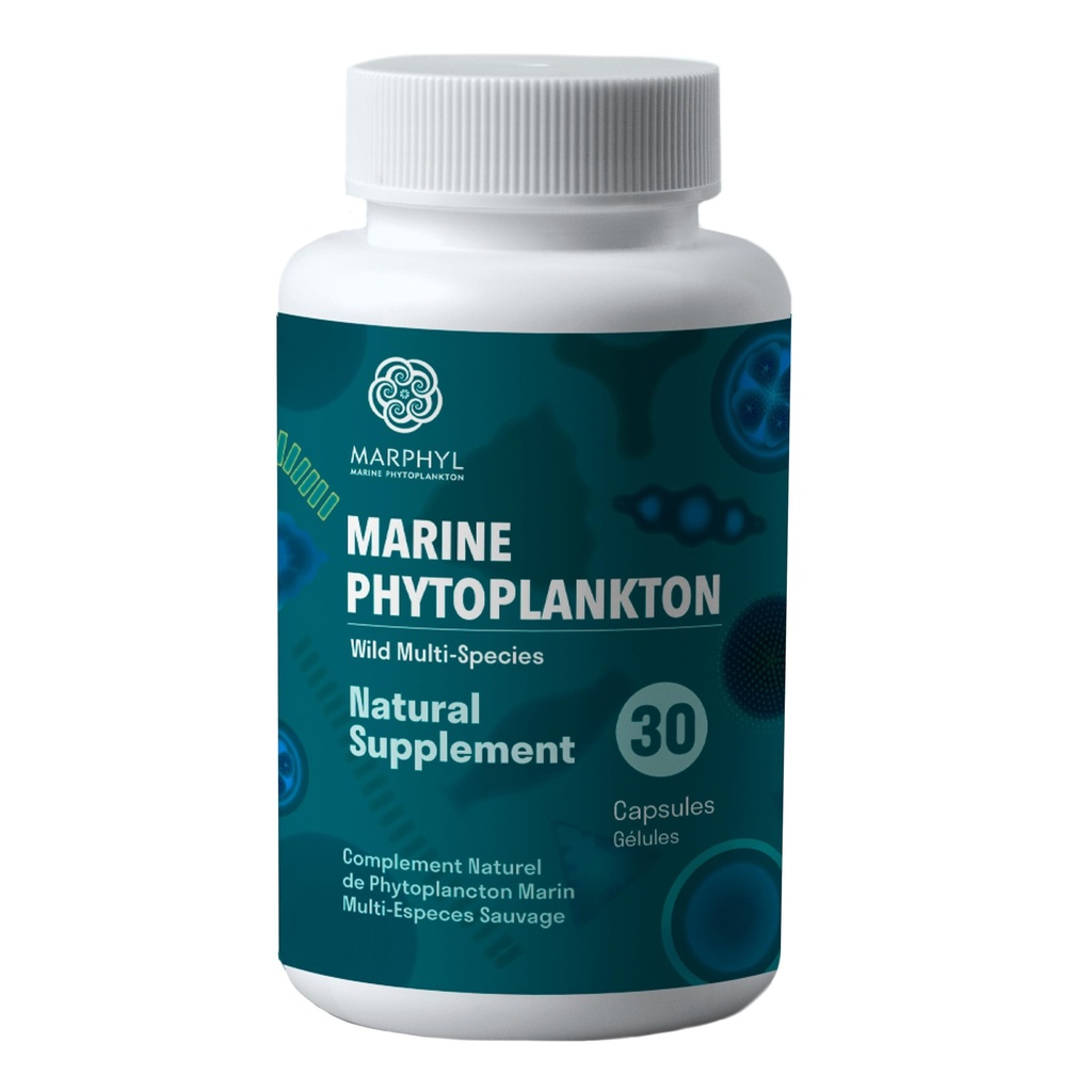 MARPHYL Marine Phytoplankton Wild Multi Species Natural Supplement - 150 mg per capsule - Biologische - 30 Vegan Capsules - Vancouver Island, Canada