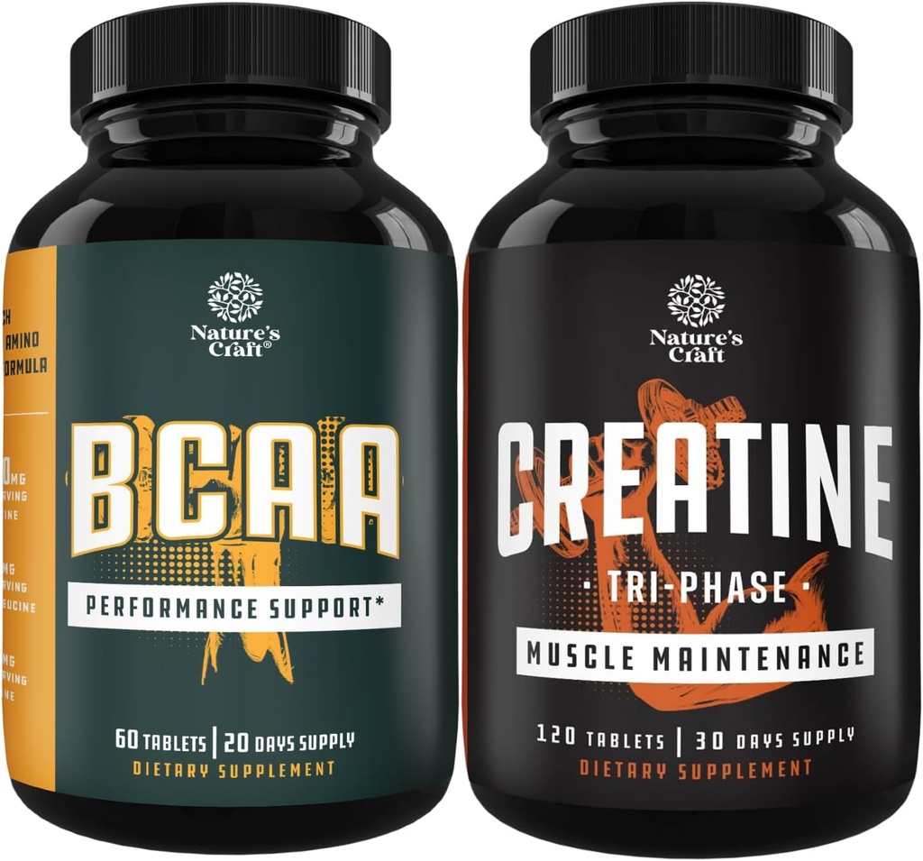 Bundel van Branch Chain Aminozuren Supplement en hoge sterkte Tri fase Creatine Pillen - Vegan BCAA Capsules Post Workout Muscle Recovery en Groei Ondersteuning - Spiermassa Gainer en spierherstel