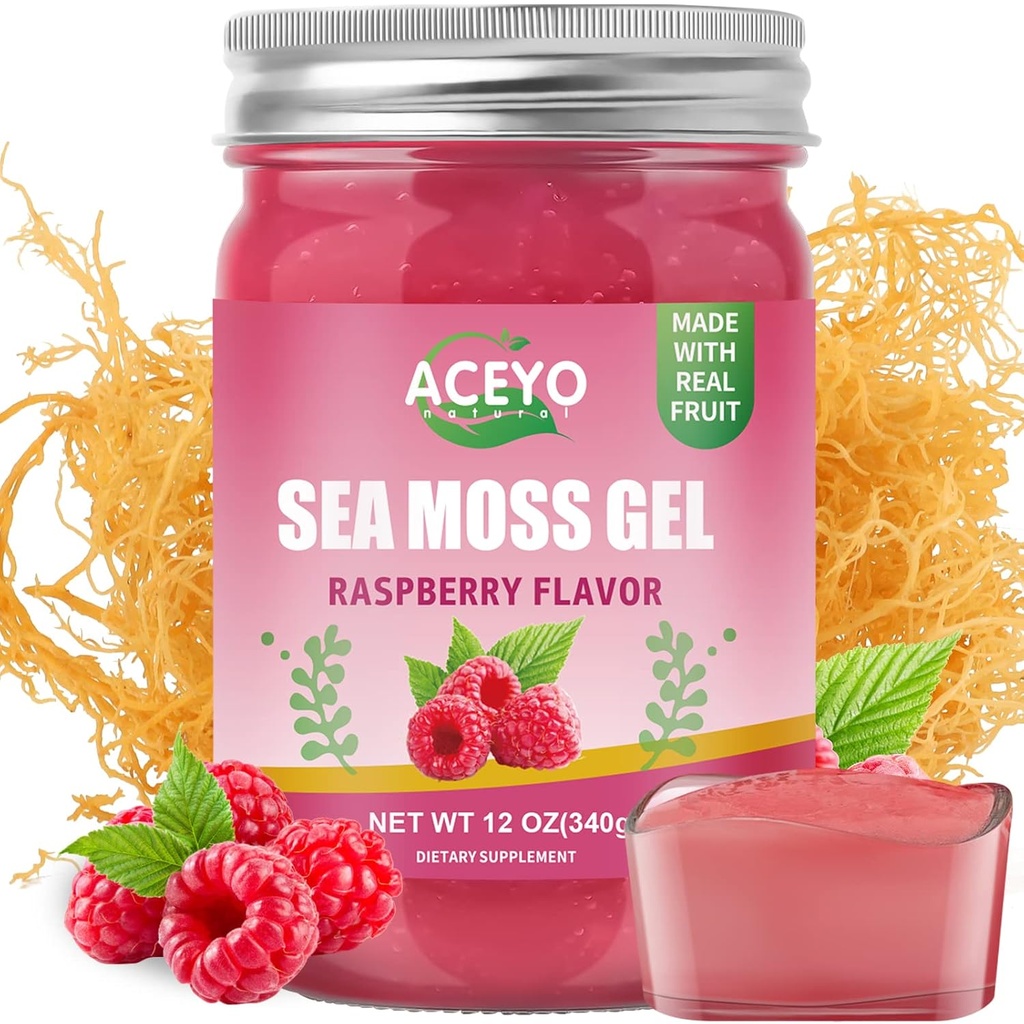ACEYO (12 OZ) Irish Sea Moss Gel Biologische Raw Vegan Raspberry Smaak 102 Vitaminen en Mineralen Wild Geoogste Non-GMO Immune Defense Booster Thyroid Digestieve Ondersteuning