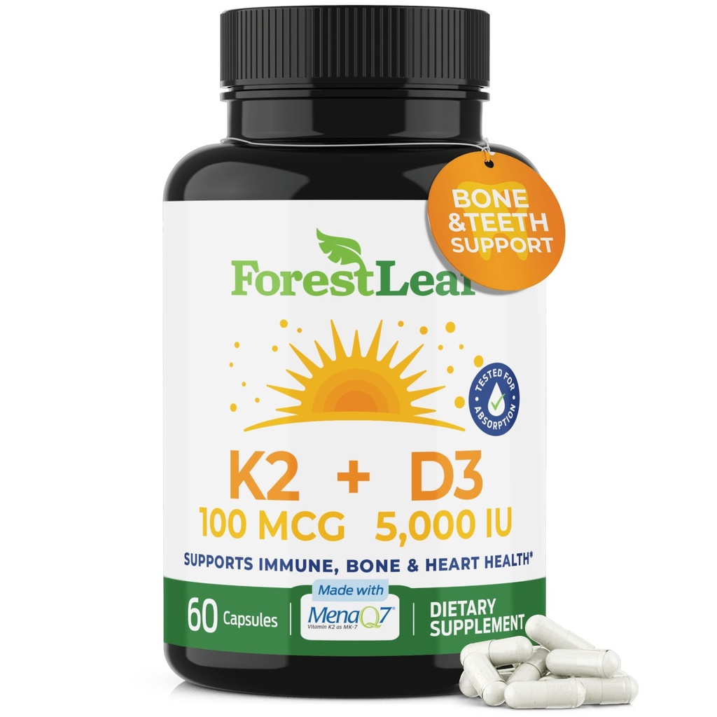 Supplément à la vitamine D3 + K2 (MK7) - MenaQ7 - Calcium et vitamine D3 5000 UI Absorption maximale - Dents et force osseuse, santé cardiaque, système immunitaire - 60 Capsules de Veggie
