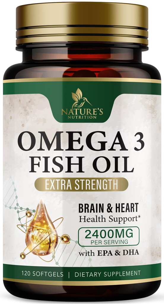 Omega 3 Visoliesupplementen 2400 mg - Triple Strength Omega3 - EPA & DHA met essentiële vetzuren - Natural Immune, Brain & Heart Health Support - Burpless, Lemon Flavor, Wild Caught - 120 Softgels