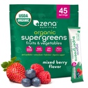 Zena Nutrition Organic Super Greens Powder, 70+ Superfoods, 0 Sugar, 5G Fiber, Spirulina, Chlorella, Antioxidanten, Prebiotica/Probiotica, Digestieve Enzymen, Mixed Berry, 45 Drink Mix Packets