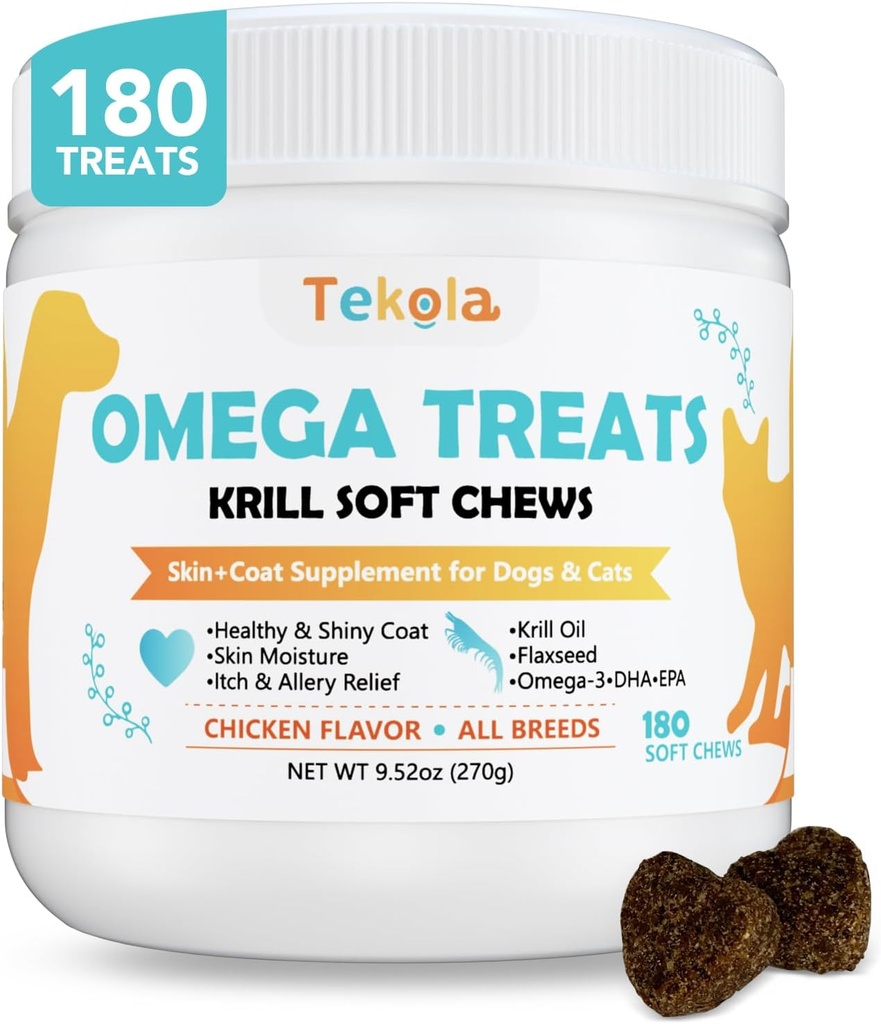 180 Kauwen Omega 3 voor honden en katten - met krill - huid- en jassupplement - droge en jeukende huidrelief - Allergierelief - glanzende mantels - geen vergieten - EPA & DHA, vitaminen en mineralen - kipsmaak