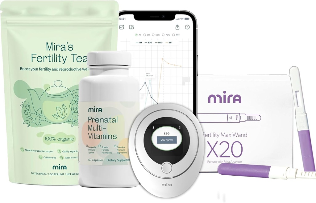Mira Zwangerschapsbundel voor het proberen te conceveren, digitale vruchtbaarheid en ovulatie Kit met 20 Max Test Wands, 1 Fles Mira Prenatale Multivitaminen (60 Capsules), & 1 Zakje Vruchtbaarheid Thee (20 Theezakken)