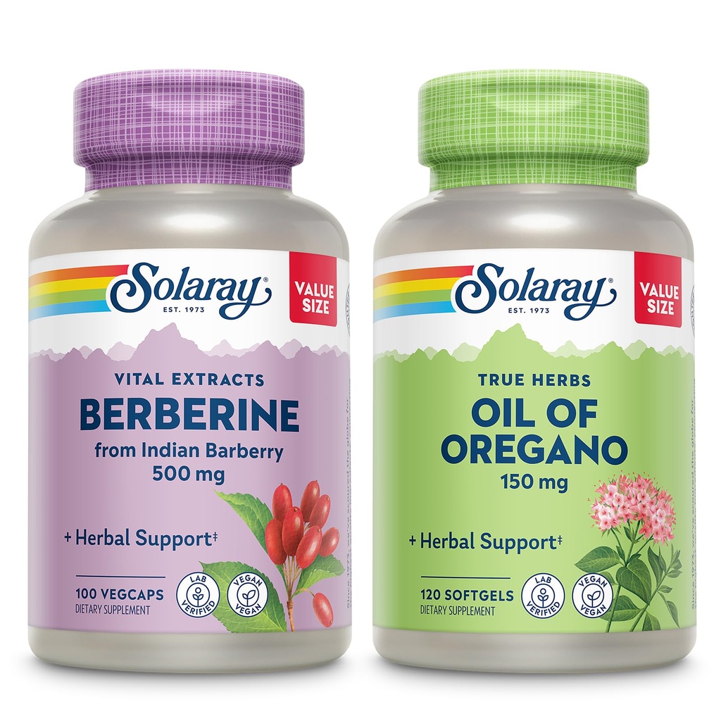 SOLARAY Berberine en olie van Oregano Bundle - Berberine HCl uit Indian Barberry Plus Oregano Oil Supplement voor krachtige Wellness Ondersteuning - 100 VegCaps/120 Softgels